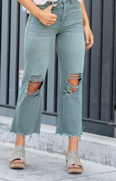 Vervet Denim - Vervet Mallard Green 90's Vintage Crop Flare Distressed Jeans